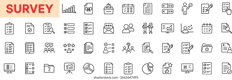Symboldesign für Umfrage- und Fragebogenzeile mit Bewertungsstern, Checkliste, Umfrageergebnissen, Balkendiagramm, Kreisdiagramm, Zwischenablage, Feedback-Formular, Datenanalyse, Dokumentblatt, Personengruppe