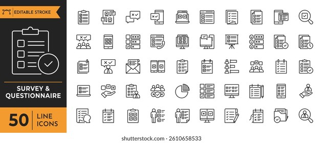 Survey and Questionnaire line icon set. Containing Checklist, Rating, Document, Choice, Quiz, Test, Feedback, Review, Opinion, Report, Exam, and more. vector illustration 