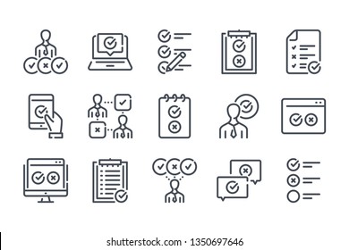 Survey and Questionnaire related line icon set. Checklist vector linear icon collection. Quiz and feedback report outline icons.