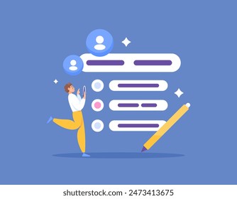 survey and questionnaire. respondent information and answers. determine an opinion. illustration of a man trying to choose an answer from several choices. illustration concept design. graphic elements