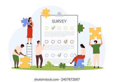 Survey, questionnaire service. Tiny team of people holding puzzle pieces, characters building teamwork to complete report form, check test list and document on clipboard cartoon vector illustration