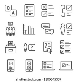 Survey and Questionnaire vector icon set. Included the icons as checklist, poll, vote, mobile, online survey, phone interview, result and more