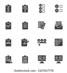 Umfrage Fragebogen Vektorsymbole Set, moderne solide Symbolsammlung, gefülltes Piktogramm-Paket. Zeichen, Logo-Illustration. Set umfasst Symbole als Papierdokument, Checkliste, Frage, Feedback