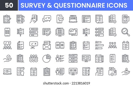 Survey and Questionnaire vector line icon set. Contains linear outline icons like Checklist, Rating, Document, Choice, Quiz, Test, Feedback, Review, Opinion, Report, Exam. Editable use and stroke.