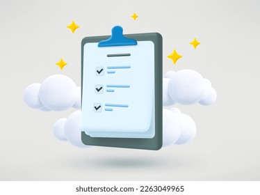 Survey questions list on the clipboard. Business report concept. 3d vector illustration