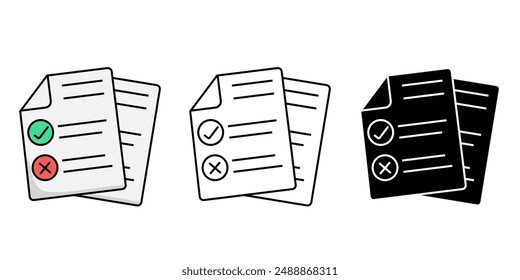 Survey quiz checklist icons set. Checkmark business approval process isolated background. file, Paperwork, qualification, education, vector illustration.