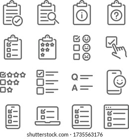 Icono de Investigación de Prueba de Encuesta conjunto de ilustración vectorial. Contiene iconos como Calificación, Q y A, Cuestionario, Testimonio, Voto, Lista de verificación y más. Paro expandido