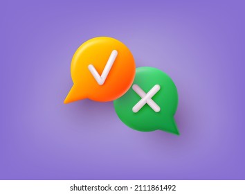 Survey reaction icons. Simple marks graphic design. Circle symbols YES and NO button for vote, decision, web. 3D Web Vector Illustrations.