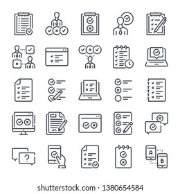 Survey Related Line Icon Set. Quiz And Feedback Linear Icons. Quiz And Exam Outline Vector Sign Collection.