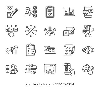 Survey or Report line icons. Set of Opinion, Customer satisfaction and Test linear icons. Checklist review, Quiz and Business report symbols. Evaluation, Feedback chart and Management. Vector