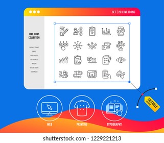 Survey or Report line icons. Set of Opinion, Customer satisfaction and Test linear icons. Checklist review, Quiz and Business report symbols. Evaluation report, Feedback chart and Management. Vector