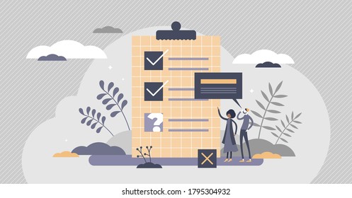 Survey report with questions and checked answers form tiny persons concept. Communication form with opinion analysis, consultation and discussion vector illustration. Incomplete test tasks list scene.