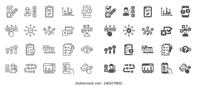 Survey, Report review line icons. Opinion, Customer satisfaction feedback and Test icons. Checklist review, Quiz and Business report symbols. Evaluation quiz, Feedback chart, Management. Vector