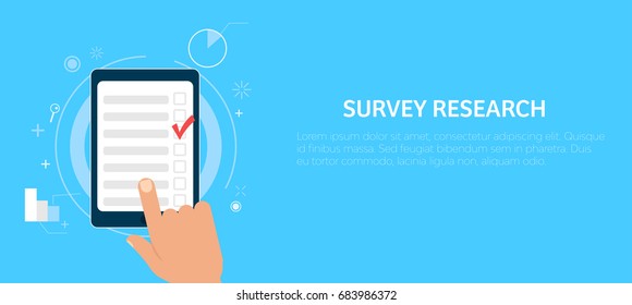 Survey Research. Make A Choice On The Tablet. Vector Flat Illustration