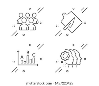 Survey results, Cutting board and Group line icons set. Employees teamwork sign. Best answer, Knife, Developers. Collaboration. Business set. Line survey results outline icon. Vector