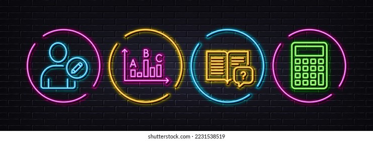 Resultados de la encuesta, edición de iconos de línea mínimos del manual de instrucciones y usuario. Luces 3d láser neón. Iconos de la calculadora. Para web, aplicación, impresión. Mejor respuesta, Datos de perfil, Cuestionario. Vector