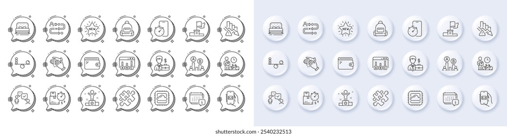 Survey results, Mail app and Winner flag line icons. White pin 3d buttons, chat bubbles icons. Pack of Cloud computing, Wallet, Puzzle icon. Winner, Backpack, Delivery time pictogram. Vector