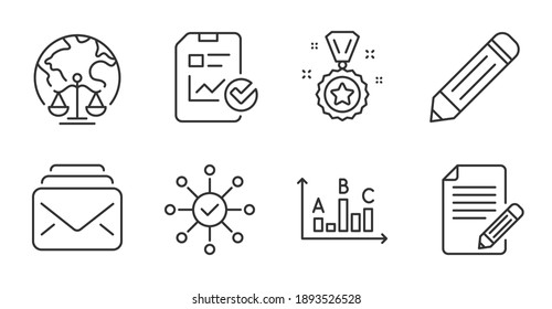 Survey results, Mail and Survey check line icons set. Report checklist, Magistrates court and Article signs. Pencil, Winner reward symbols. Best answer, New messages, Correct answer. Vector