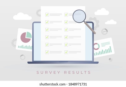 Survey Results, questionnaire form report of online exam. Checklist internet quiz, to do list paper note business concept vector illustration with laptop and survey form. Outcome and summary concept.