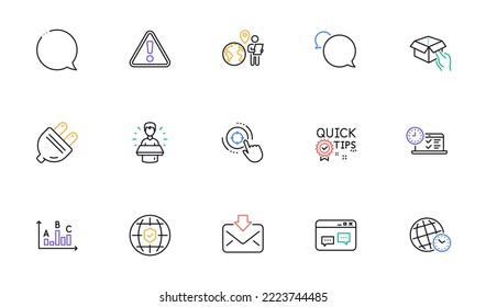 Survey results, Quick tips and Brand ambassador line icons for website, printing. Collection of Warning, Hold box, Outsource work icons. Global insurance, Incoming mail. Vector