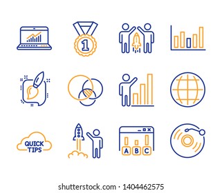 Survey Results, Quick Tips And Graph Chart Icons Simple Set. Painting Brush, Partnership And Euler Diagram Signs. Best Rank, Column Chart And Online Statistics Symbols. Line Survey Results Icon
