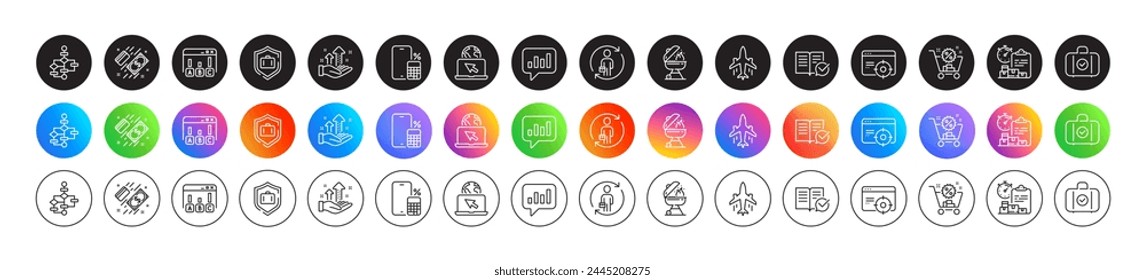 Survey results, Seo targeting and Grill line icons. Round icon gradient buttons. Pack of Analysis graph, Replacement, Approved documentation icon. Vector