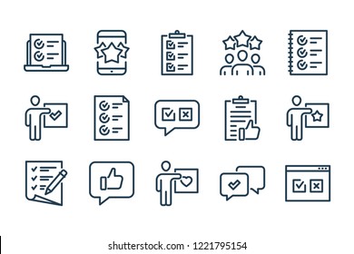 Survey, Review and Feedback related line icon set. Quiz and Questionary vector icons.