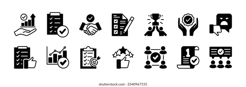 Survey, service, opinion, testimonial, quality, inspection, evaluation, and life events results icon set. Containing feedback, rating, satisfaction, experience, review, positive, good, bad, star