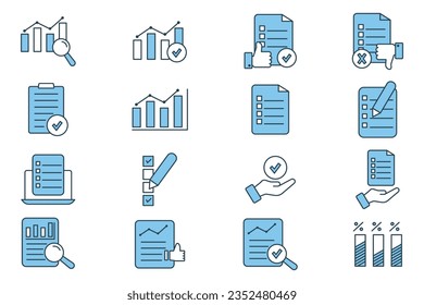 Icono de conjunto de encuestas. Contiene iconos Lista de verificación, gráfico, formulario de encuesta, respuesta, etc. adecuados para el diseño de sitios web, aplicación, interfaces de usuario, imprimibles, etc. Estilo de icono de línea plana. Diseño de vector simple editable