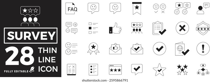 Survey set of web icons in line style. Feedback and Review icons for web and mobile app. Customer relationship management. Star rating, satisfaction, emotion, testimonials, quick response, chat.