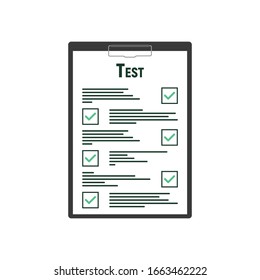 Survey Sheet with answered quiz checklist and success result assessment, idea of education test, questionnaire, document vector illustration flat style