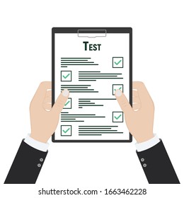 Survey Sheet with answered quiz checklist and success result assessment, idea of education test, questionnaire, document vector illustration flat style