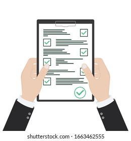 Survey Sheet with answered quiz checklist and success result assessment, idea of education test, questionnaire, document vector illustration flat style