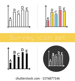 Survey statistics icon. Data analysis, information collection. Infographic. Chart growth, graph rise. Diagram review. Flat design, linear and color styles. Isolated vector illustrations