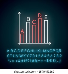 Survey statistics neon light icon. Data analysis, information collection. Infographic. Chart growth, graph rise. Glowing sign with alphabet, numbers and symbols. Vector isolated illustration
