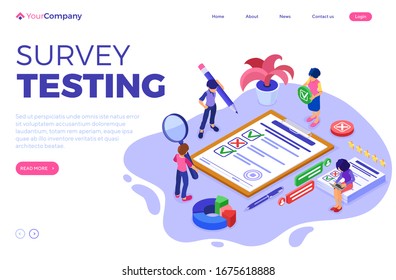 Survey or test banner with isometric characters. feedback online chat. questionnaire form on clipboard. survey research. landing page template. isometric vector illustration
