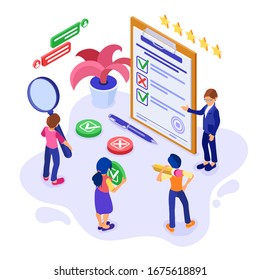 Survey or test banner with isometric characters. feedback online chat. questionnaire form on clipboard. survey research. isometric vector illustration