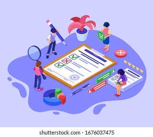 Banner de sondeo o prueba con caracteres isométricos. chat en línea de comentarios. formulario de cuestionario en el portapapeles. investigación de encuestas. ilustración isométrica vectorial