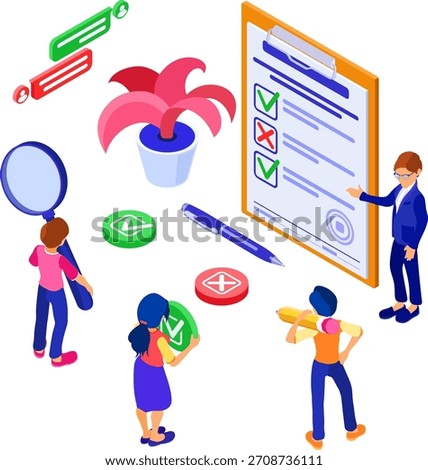 Survey or test banner with isometric characters. feedback online chat. questionnaire form on clipboard. survey research. isometric vector illustration