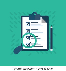 Survey or test concept, clipboard with documents with check boxes and pencil, flat design,