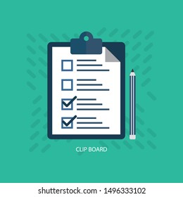 Survey or test concept, clipboard with documents with check boxes and pencil, flat design,