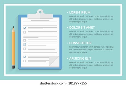 Concepto de sondeo o prueba, portapapeles con documentos con casillas de verificación y lápiz, fondo con marco blanco y lugar para el texto, ilustración de vector eps10