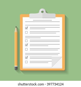 Survey or test concept, clipboard with documents with check boxes and pencil, flat design, vector eps10 illustration