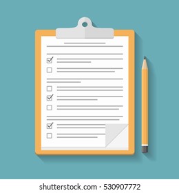 Survey or test concept, clipboard with documents with check boxes and pencil, flat design, vector eps10 illustration