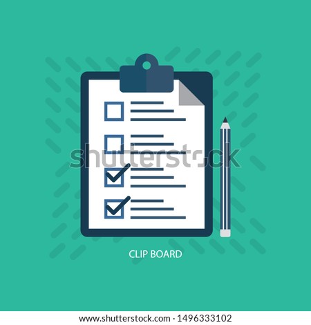 Survey or test concept, clipboard with documents with check boxes and pencil, flat design,