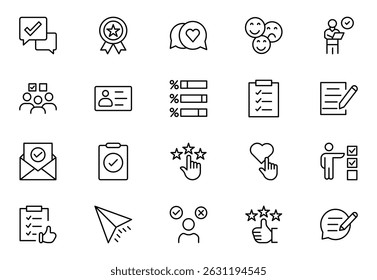 Survey thin line icons set. Rating, feedback, opinion icon. Editable stroke. Outline icons vector collection.