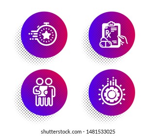 Survey, Timer and Prescription drugs icons simple set. Halftone dots button. Gear sign. Contract, Deadline management, Pills. Work process. Science set. Classic flat survey icon. Vector