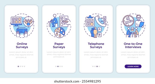 Survey types onboarding mobile app screen. Research methodology. Walkthrough 5 steps editable graphic instructions with linear concepts. UI, UX, GUI template