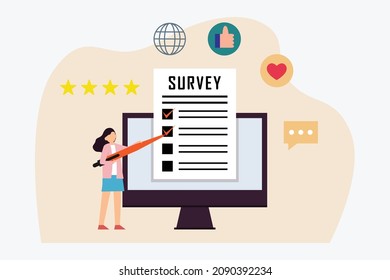 Survey vector concept. Young woman holding a pen while filling survey form on the computer monitor