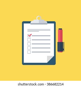 Survey vector icon. Survey clipboard. Checklist and felt-tip pen. Survey form. Survey results. Report board. Clipboard. Vector illustration.